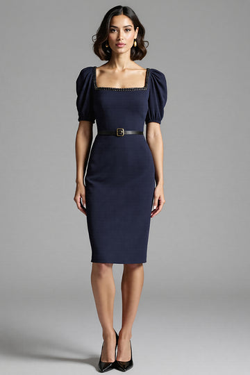 Navy Bodycon Midi Dress with Puff Sleeves
